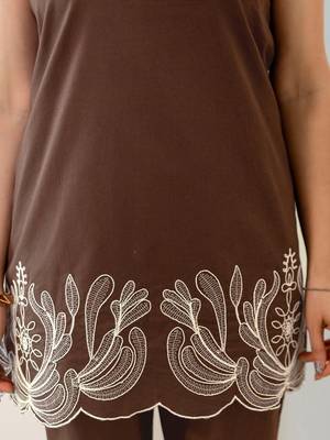 Embroidered Brown Viscose Rayon Co Ords for Women 4