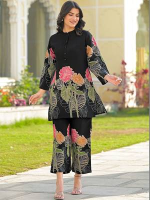 Foil Printed Black Silk Co Ords for Women 1