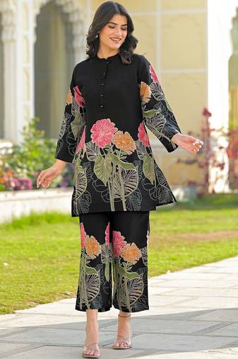 Foil Printed Black Silk Co Ords for Women