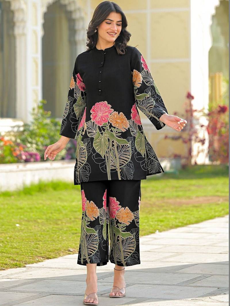 Foil Printed Black Silk Co Ords for Women