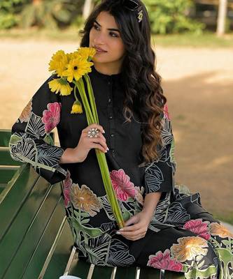 Foil Printed Black Silk Co Ords for Women 4