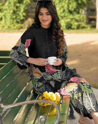 Foil Printed Black Silk Co Ords for Women 5