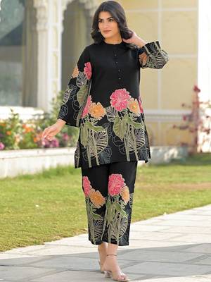 Foil Printed Black Silk Co Ords for Women 6