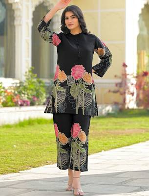Foil Printed Black Silk Co Ords for Women 7