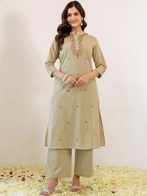 Embroidered Beige Viscose Rayon Co Ords for Women 1