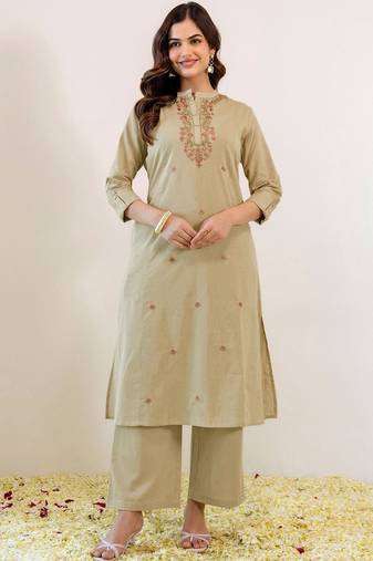 Embroidered Beige Viscose Rayon Co Ords for Women