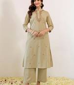 Embroidered Beige Viscose Rayon Co Ords for Women