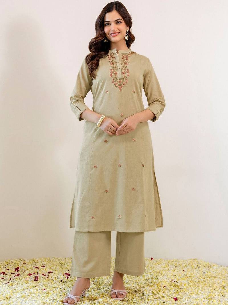 Embroidered Beige Viscose Rayon Co Ords for Women