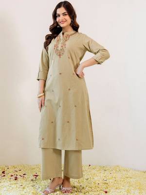 Embroidered Beige Viscose Rayon Co Ords for Women 4