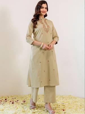 Embroidered Beige Viscose Rayon Co Ords for Women 6