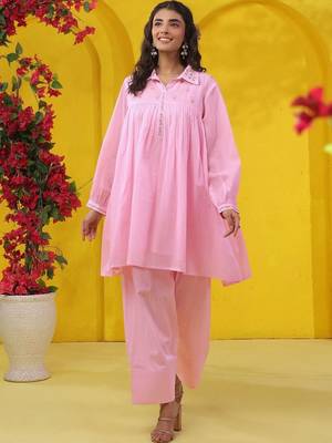 Embroidered Light Pink Pure Cotton Short Peplum Kurta With Farshi Salwar Set 1