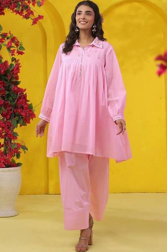 Embroidered Light Pink Pure Cotton Short Peplum Kurta With Farshi Salwar Set