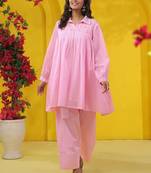 Embroidered Light Pink Pure Cotton Short Peplum Kurta With Farshi Salwar Set