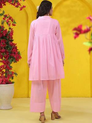 Embroidered Light Pink Pure Cotton Short Peplum Kurta With Farshi Salwar Set 3