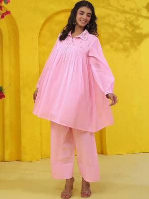 Embroidered Light Pink Pure Cotton Short Peplum Kurta With Farshi Salwar Set 5
