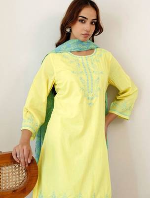 Women Ethnic Motifs Embroidered Regular Thread Work Pure Cotton Kurta with Trousers & With Dupatta 5