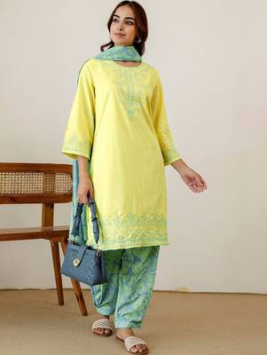 Women Ethnic Motifs Embroidered Regular Thread Work Pure Cotton Kurta with Trousers & With Dupatta 7