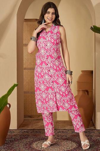 Printed Pink Cotton Blend Co Ords for Women