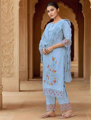 Women Floral Embroidered Regular Kurta with Trousers & Dupatta 3
