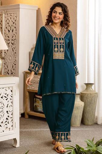 Embroidered Blue Rayon Co Ords for Women