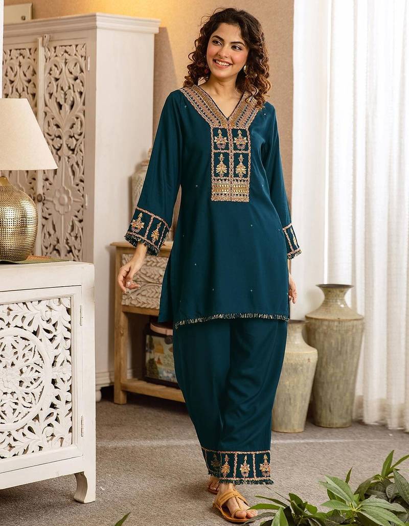 Embroidered Blue Rayon Co Ords for Women