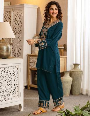 Embroidered Blue Rayon Co Ords for Women 3