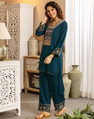 Embroidered Blue Rayon Co Ords for Women 4