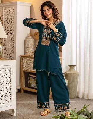 Embroidered Blue Rayon Co Ords for Women 5
