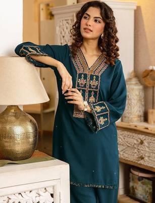 Embroidered Blue Rayon Co Ords for Women 6