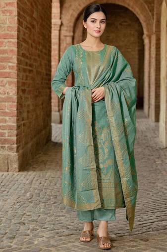 Women Pure Cotton Woven Design Straight Kurta Trousers With Dupatta