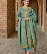 Women Pure Cotton Woven Design Straight Kurta Trousers With Dupatta