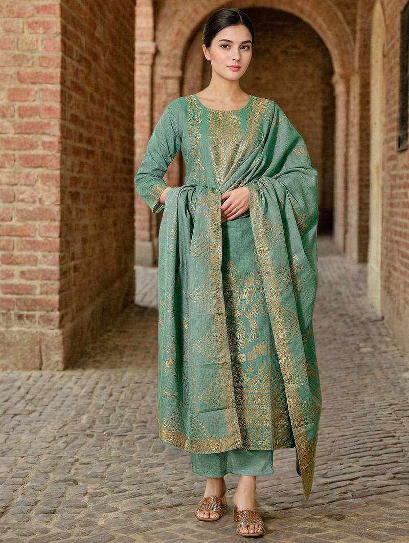 Women Pure Cotton Woven Design Straight Kurta Trousers With Dupatta