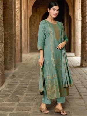 Women Pure Cotton Woven Design Straight Kurta Trousers With Dupatta 3