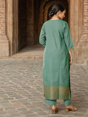 Women Pure Cotton Woven Design Straight Kurta Trousers With Dupatta 4