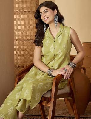 Printed Light Khaki Cotton Blend Co Ords for Women 2