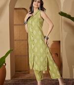 Printed Light Khaki Cotton Blend Co Ords for Women