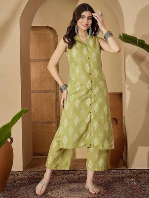 Printed Light Khaki Cotton Blend Co Ords for Women 6