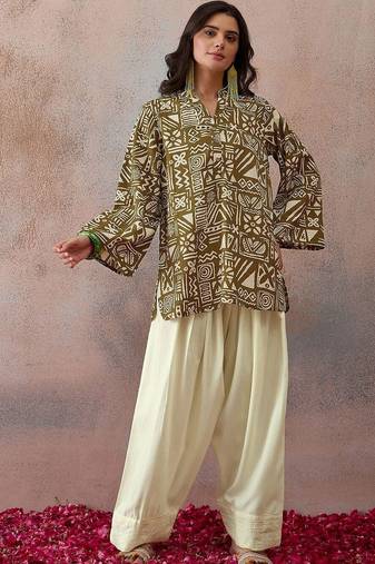Printed Olive Green & Cream Viscose Rayon Short Straight Kurta With Farshi Salwar Set