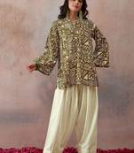 Printed Olive Green & Cream Viscose Rayon Short Straight Kurta With Farshi Salwar Set