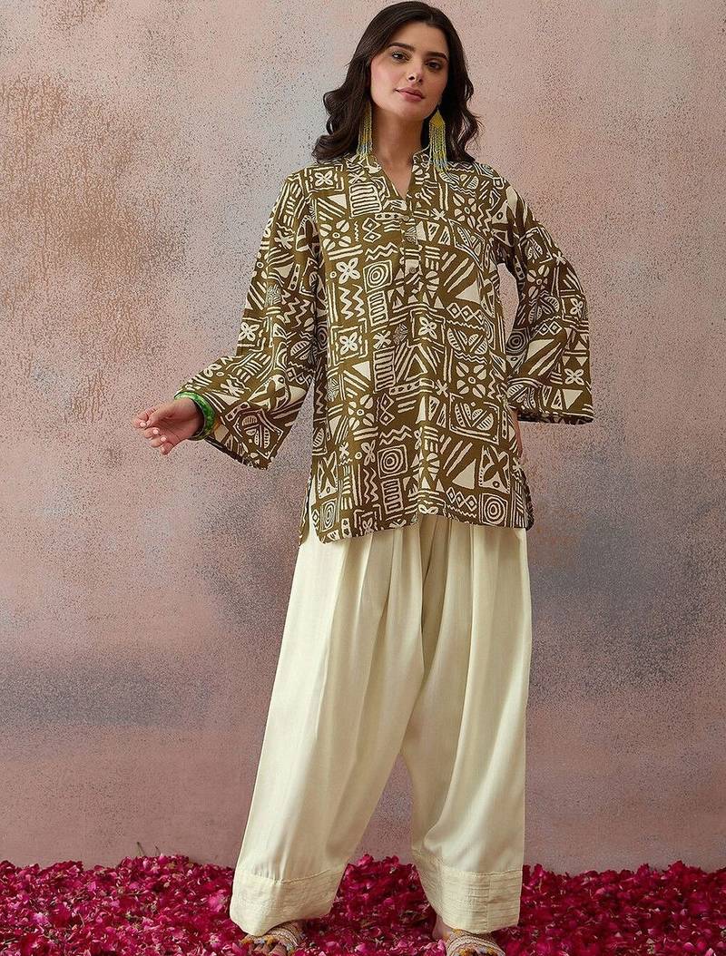 Printed Olive Green & Cream Viscose Rayon Short Straight Kurta With Farshi Salwar Set