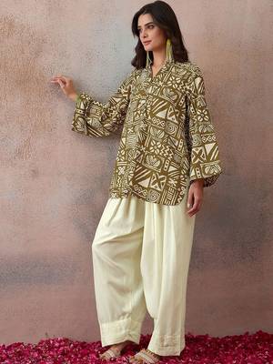 Printed Olive Green & Cream Viscose Rayon Short Straight Kurta With Farshi Salwar Set 6