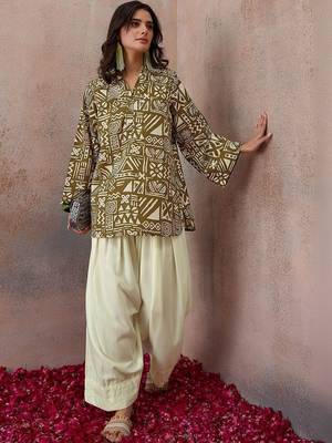 Printed Olive Green & Cream Viscose Rayon Short Straight Kurta With Farshi Salwar Set 7