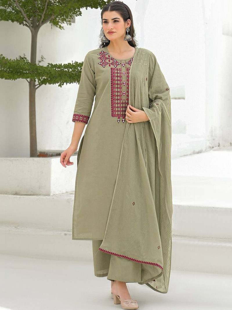 Women Ethnic Motifs Embroidered Regular Thread Work Kurta with Palazzos & With Dupatta