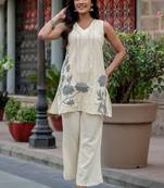 Embroidered Off White Cotton Blend Co Ords for Women