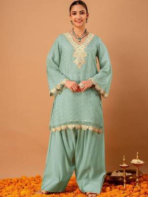 Woven Design Mint Green Poly Georgette Straight Kurta With Farshi Salwar Set 1