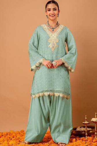 Woven Design Mint Green Poly Georgette Straight Kurta With Farshi Salwar Set