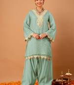 Woven Design Mint Green Poly Georgette Straight Kurta With Farshi Salwar Set