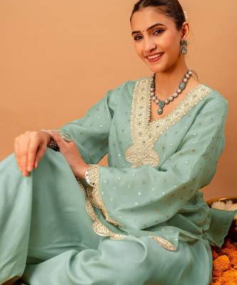 Woven Design Mint Green Poly Georgette Straight Kurta With Farshi Salwar Set 2