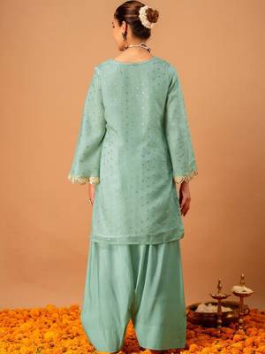 Woven Design Mint Green Poly Georgette Straight Kurta With Farshi Salwar Set 3