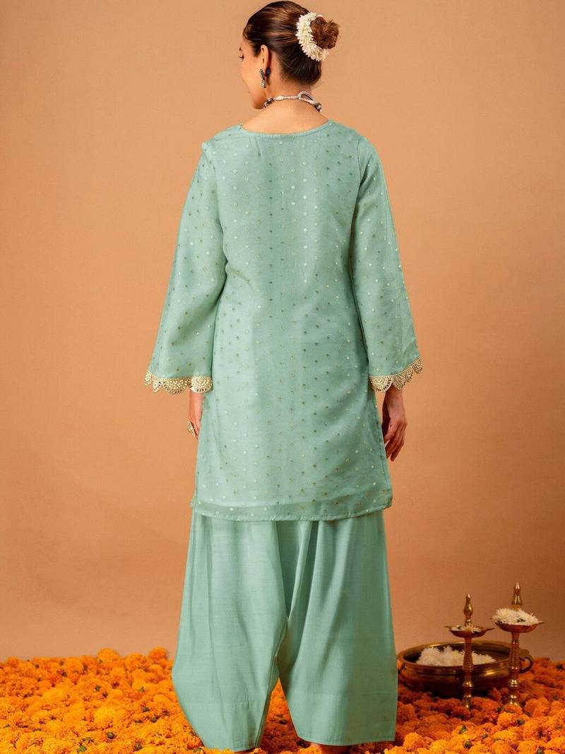 Woven Design Mint Green Poly Georgette Straight Kurta With Farshi Salwar Set